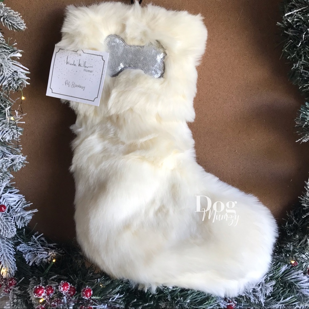 2 Nicole Miller Faux Fur Silver Sequin Dog Bone Pet Stocking